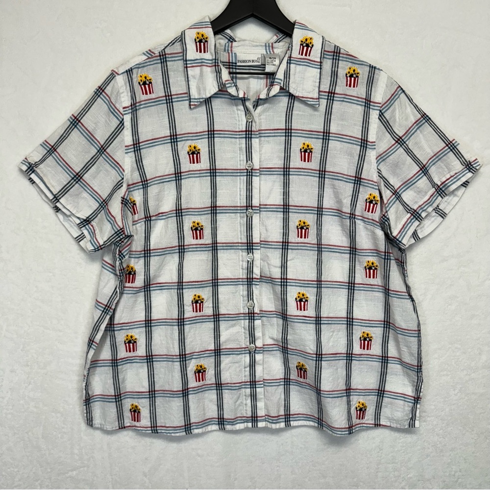 Vintage Fashion Bug Plus 18/20 Womens Plaid Embroidered Floral Button Up Shirt